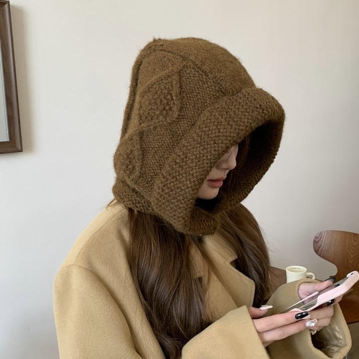 Wool Knitted Large Version Balaclava Hat Women's Warm Coarse Linen Pattern Horn Buckle Ear Protector Pullover Hat