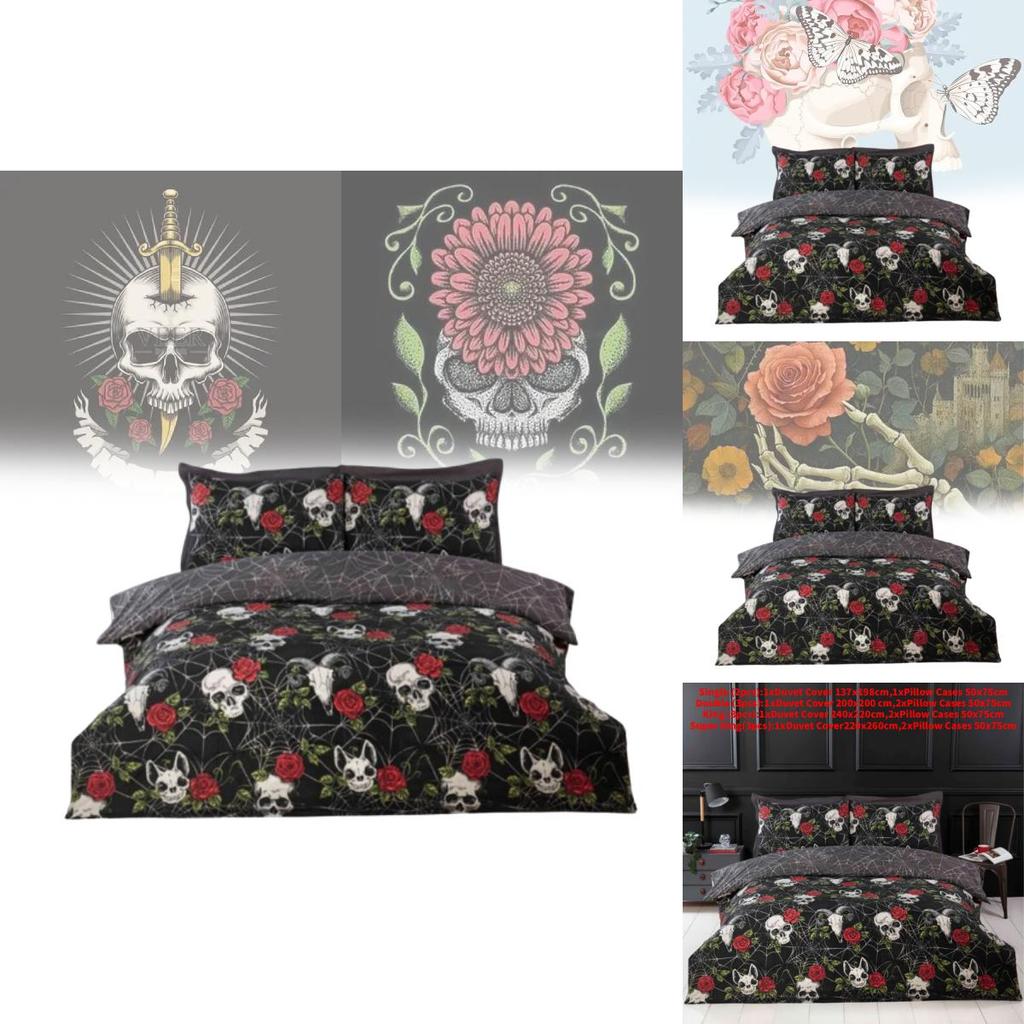 Halloween Totenkopf und Rose Wendbare Bettbezug-Set Mit Cartoon-Muster Für Schlafzimmer-Dekoration