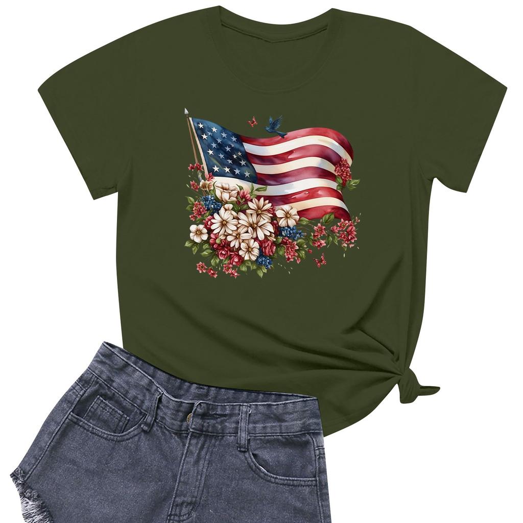 Women's Fashion Independence Day  Printed Round Neck Short Sleeved Casual T-shirt Top
