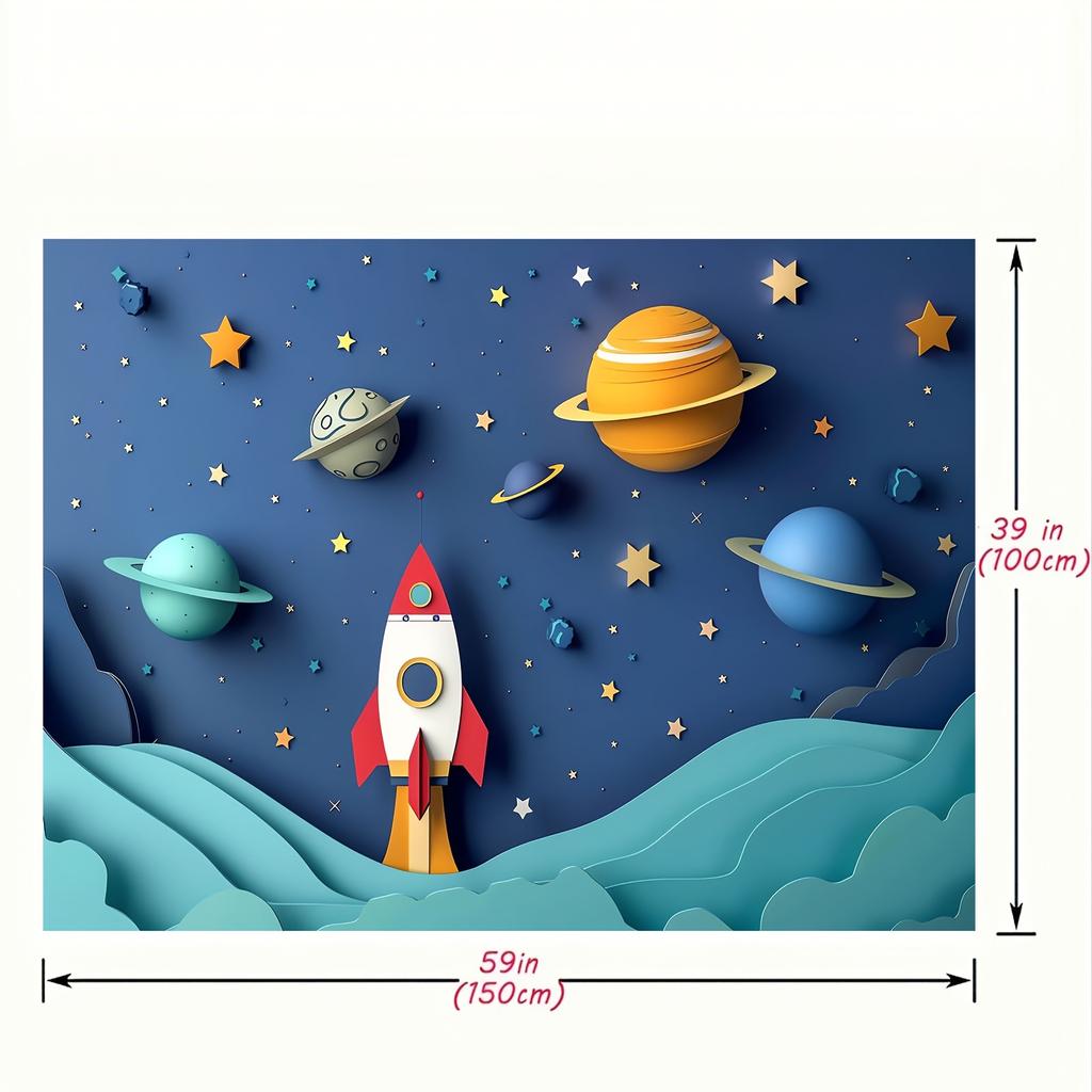 Space-Themed Photography Backdrop - Cartoon Spaceship & Galaxy Design Polyester Versatile For Birthday