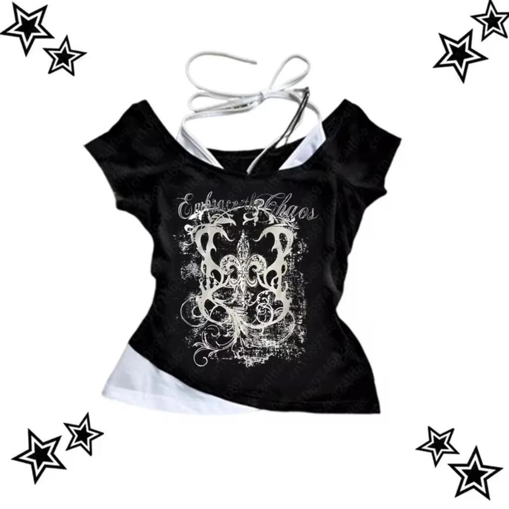 Damen 90er Vintage Punk T-Shirt Streetwear Sexy Kurzarm Gothic Slim Crop Top Hotgirl Lässig Femme Tee Harajuku Y2k