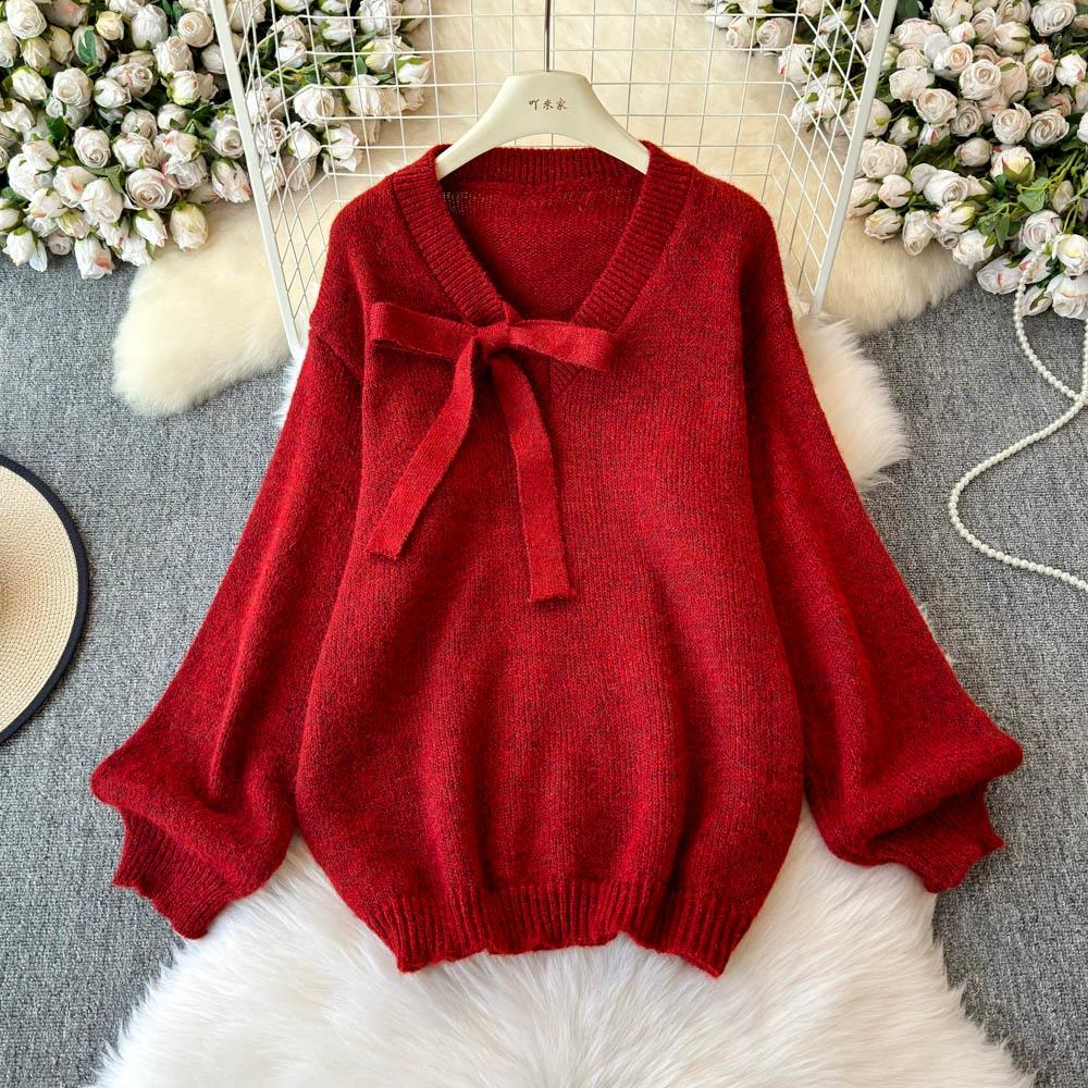 

DIMANAF 2024 Осень Женские однотонные свитера с V-образным вырезом Вязание Модный повседневный стиль Свободный красный свитер One Size красный