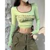 Print Long Sleeve Tshirts Women Long Sleeve Tunic Summer Tees Crop Tops Bandage Fashion Sexy Y2k T Shirts