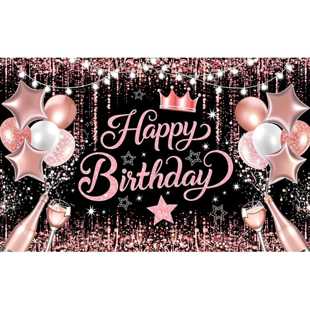 Pink Gold Black Happy Birthday Background Rose Gold Glitter Balloon Birthday Decoration Party Decor Home Photography Backdrop