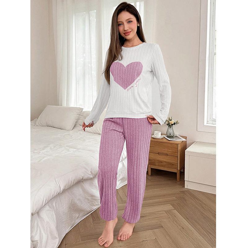 Spring Autumn Women Sleepwear Long Sleeve Heart Tops and Long Pants 2 Piece Set Pajamas Set Casual Homewear Loungewear
