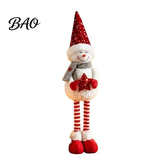 Festive Party Supplies Christmas Plush Snowman with Extendable Legs, Sequins Hat Holding Star Dolls Doll, Standing Long Legs Xmas Decoration