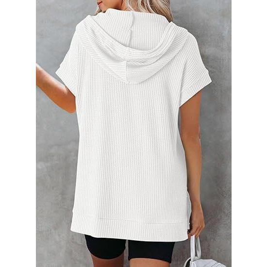 GMXIA Summer Drawstring Hoodie Waffle Knit Side Slit Belt Pocket T