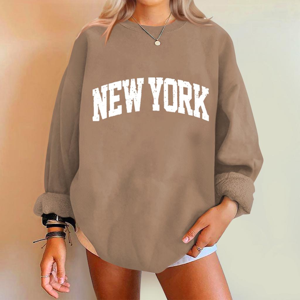 Damenmode, lässig, überschnittene Schultern, langärmelig, bedruckt, Rundhalsausschnitt