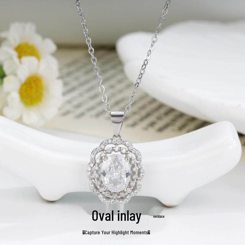 European & American Style S925 Oval Zircon Necklace: Versatile High-End Geometric Gemstone Pendant for Women