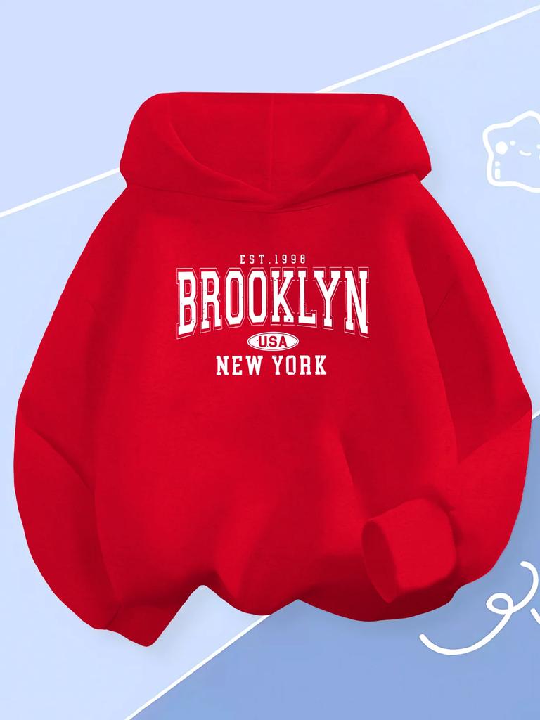 Felpa Bambino Vintage Brooklyn New York Autunno Inverno Spessa Fodera in Pile Stampa Grafica con Lettere Calda Casual Pullover