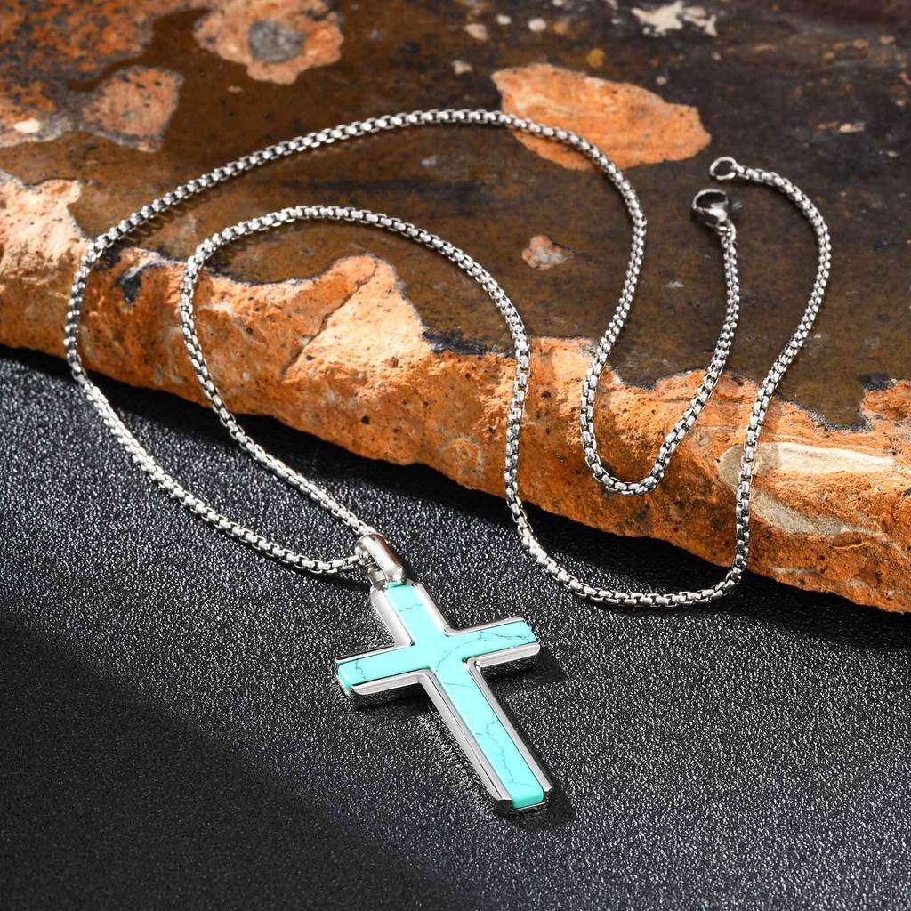 Stainless Steel Men'S Necklace Cross Turquoise Natural Tiger Eye Sweater Chain Pendant Pn-2224