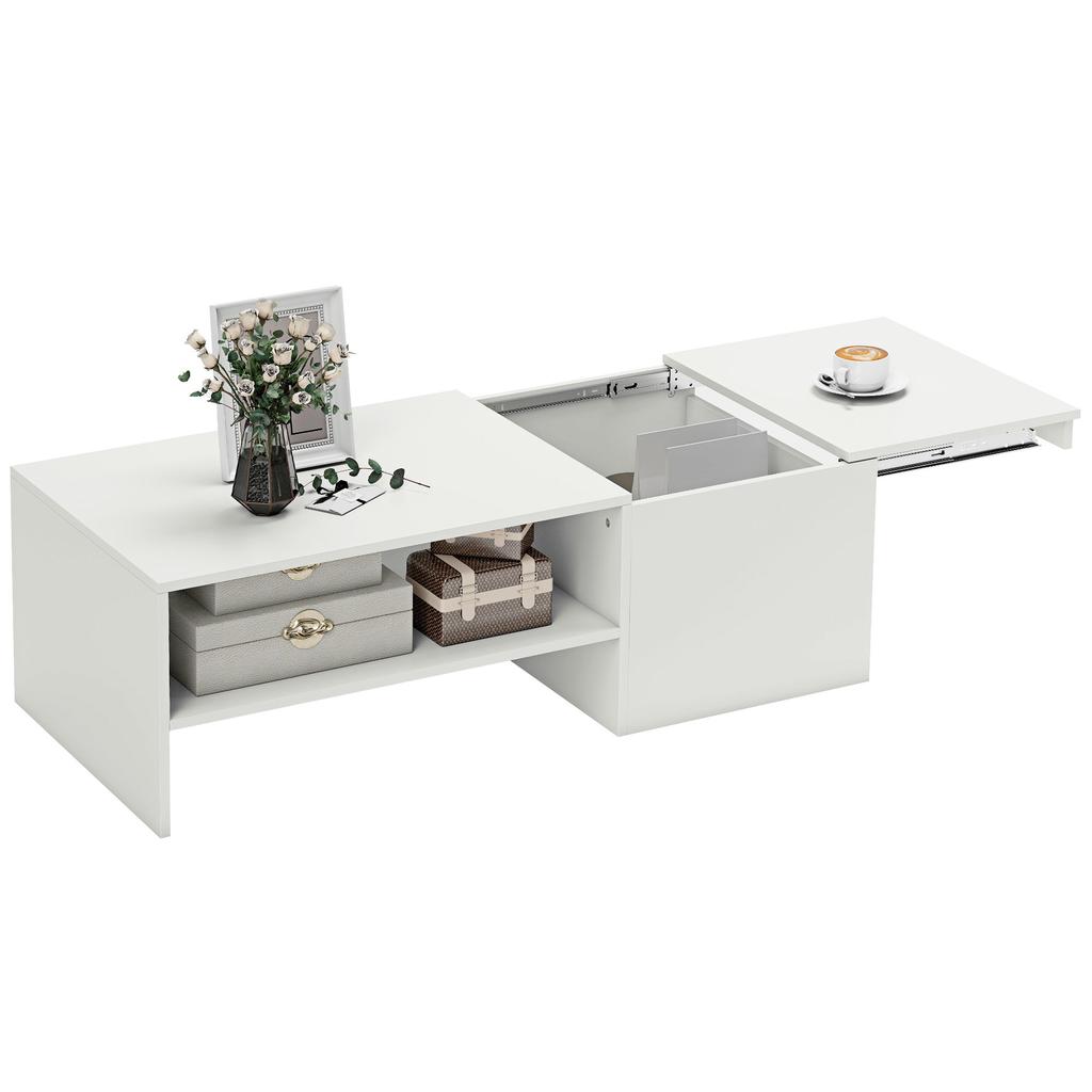 Adjustable coffee table, metal rails, chipboard, foot pads, White