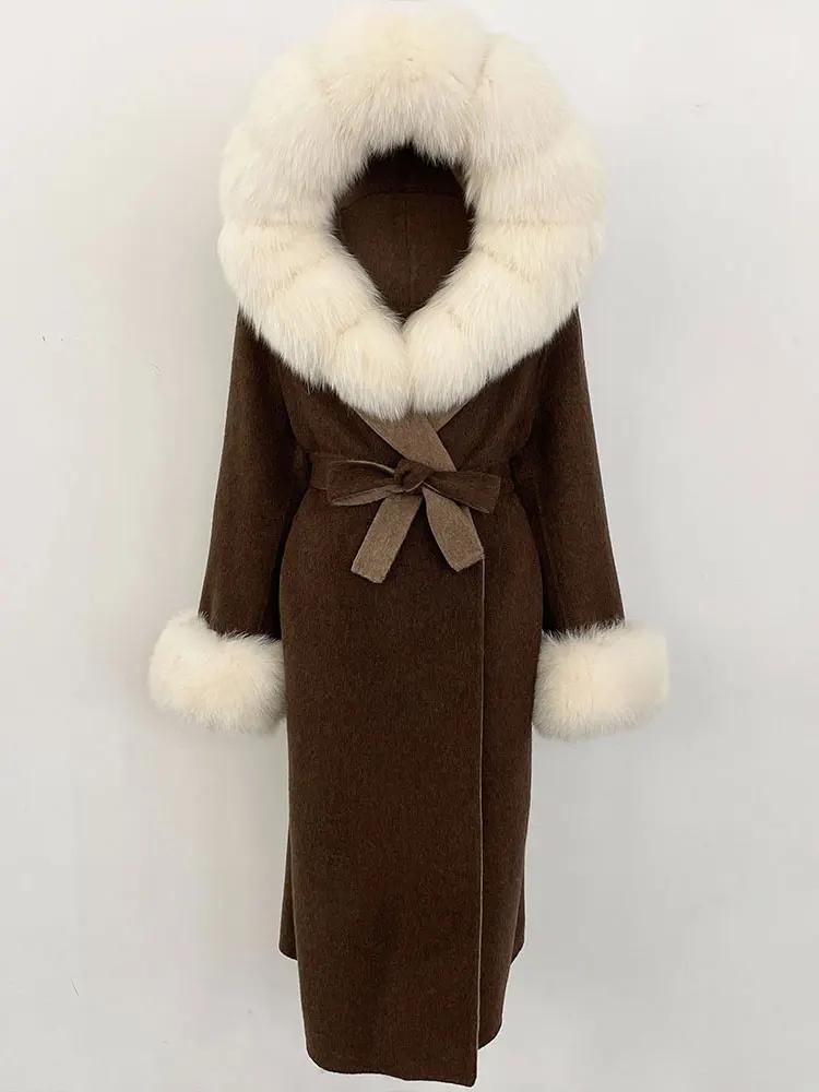 OFTBUY Winter Women Coat Real Natural Fox Fur Hooded Detachable Collar Double-faced Woolen Jacket Long Casual Elegant Overwears