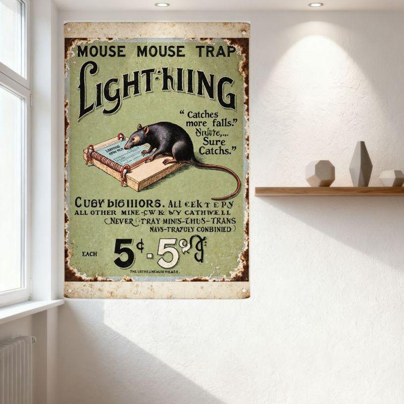 Vintage Lightning Mouse Trap Advertisement Tin Sign - Rustic Metal Wall Decor for Home, Bar, Garden, Retro Style Mouse Trap Art