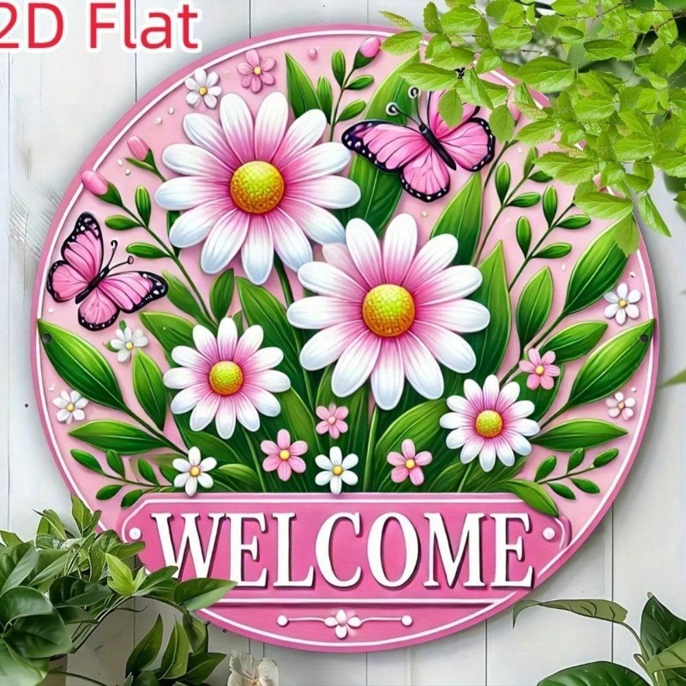 Pink Daisy Butterfly Round Metal Wall Art Decor 8x8 Farmhouse Garden Hanging Plaque