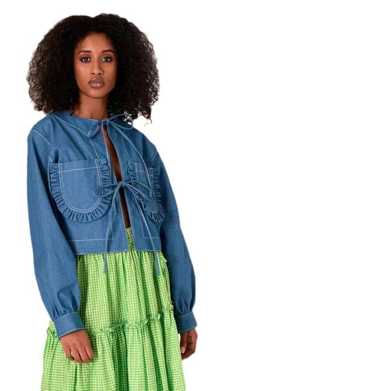 Womens Denim Jacket Fall Winter Street Style Loose Long Sleeve Lace Up Short Coat