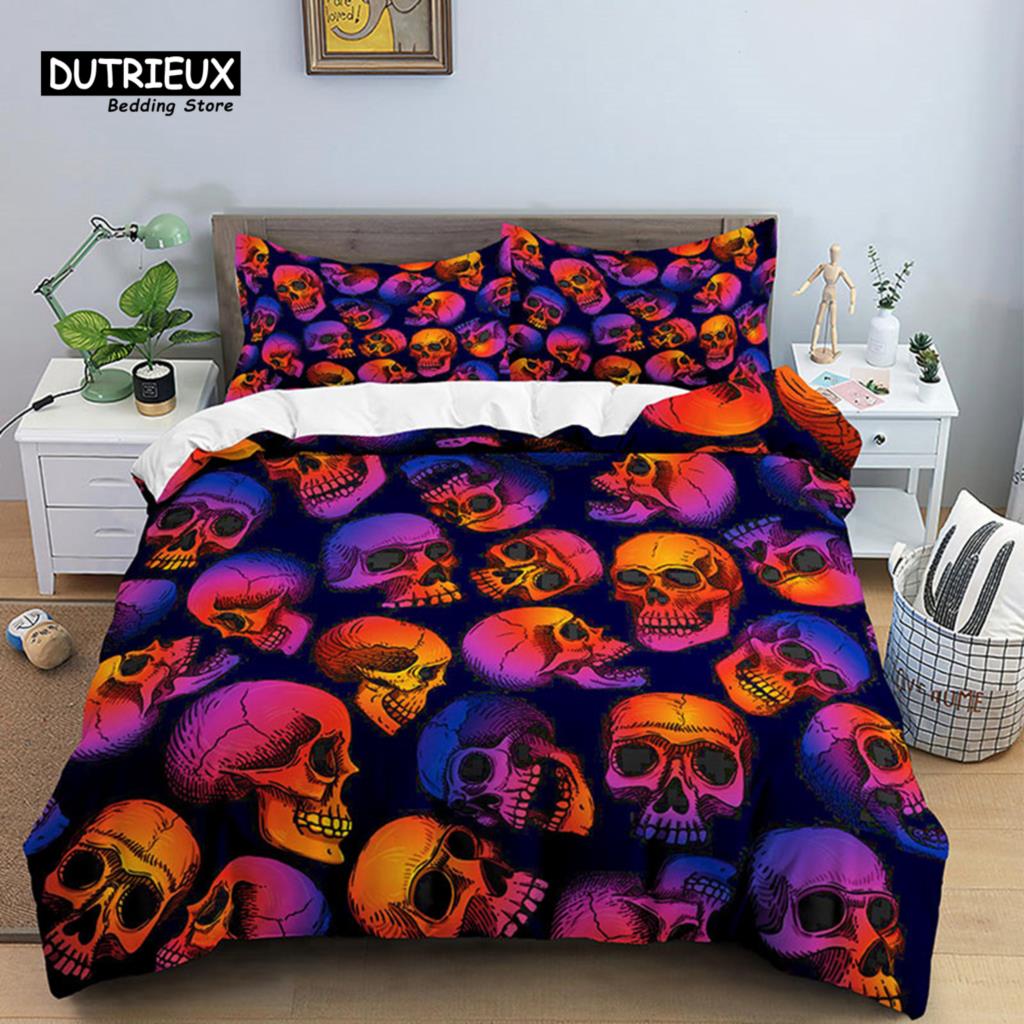 Skull Bedding Set Halloween Bats Duvet Cover King Size Microfiber Pumpkin Skeleton Print Comforter Cover With Pillowcases Decor