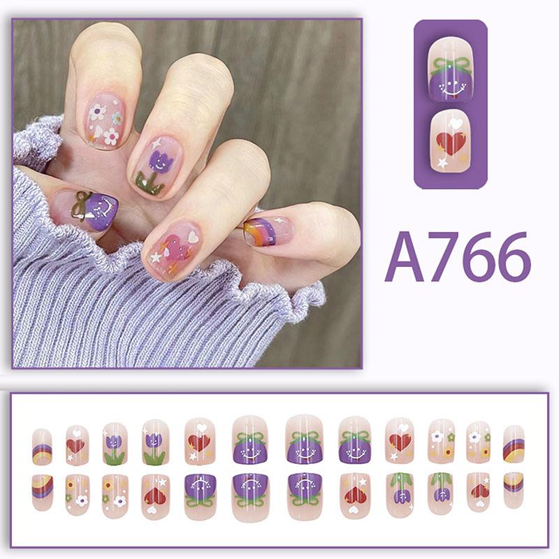 

24 шт. Летние фиолетовые цветы Короткие квадратные накладные ногти Съемные готовые накладные ногти Накладные ногти с клеем