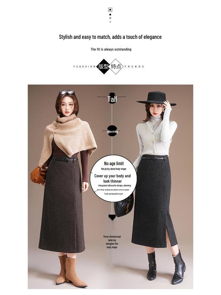 Damen Midirock in A-Linie aus dicker Wolle, Grau - Winterstyle 2025, Stilvoller Schlitz