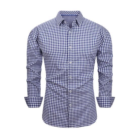 

Men Plaid Button Down Shirt Long Sleeve Lapel Formal Shirt Slim Fit Casual Shirt for Office Prom Party Date XL темно-синього кольору