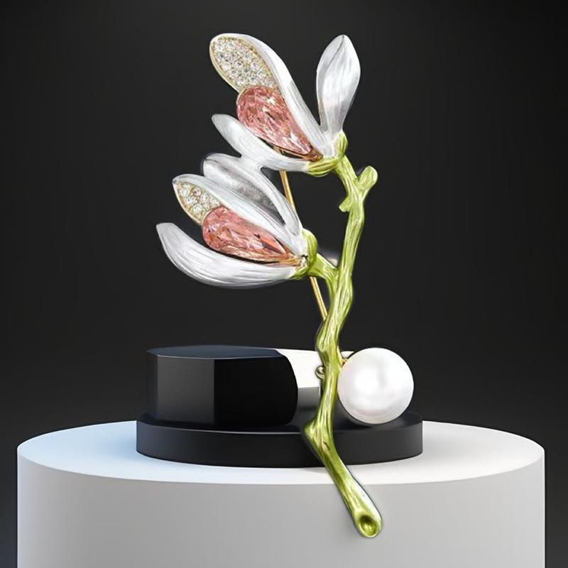 Cute Pearl Rhinestone Inlaid Magnolia Flower Pins Brooch Trendy Metal Enamel Lapel Pin Suit Clothing Accessory Ornament Gift