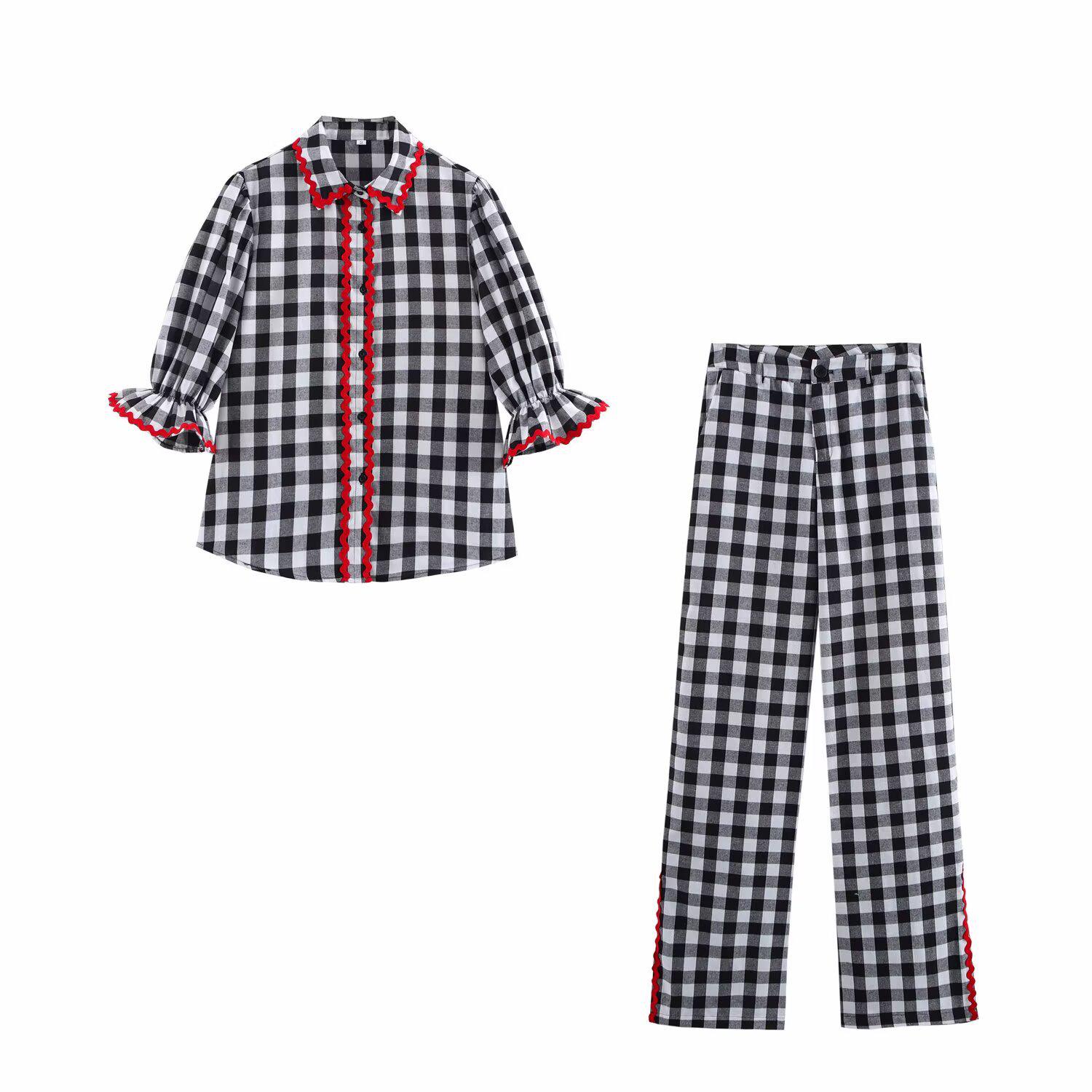 

2025 Весенний женский ретро клетчатый комплект из рубашки с рукавом пять четвертей и брюк в стиле колор-блок L