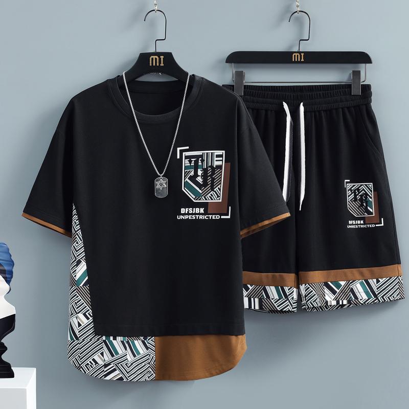 Men's Sets Fashion splice Print Streetwear Summer Tracksuit T-Shirt Shorts Set Men Two Piece Joggers Sports Suit