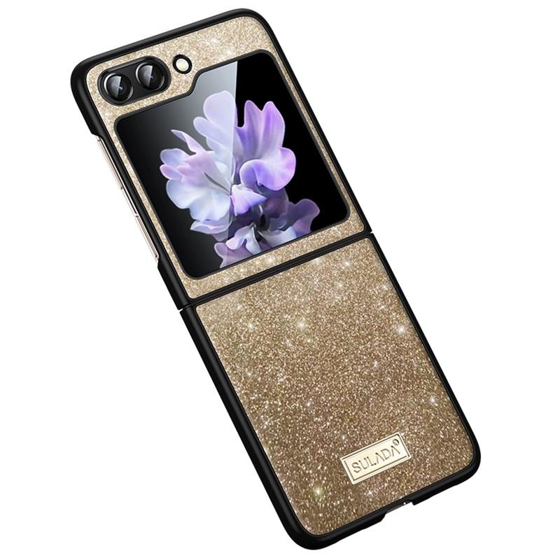

SULADA For Samsung Galaxy Z Flip7 FE 5G/Z Flip6 5G Case Glitter Sequins Leather Coated PC+TPU Cover Gold