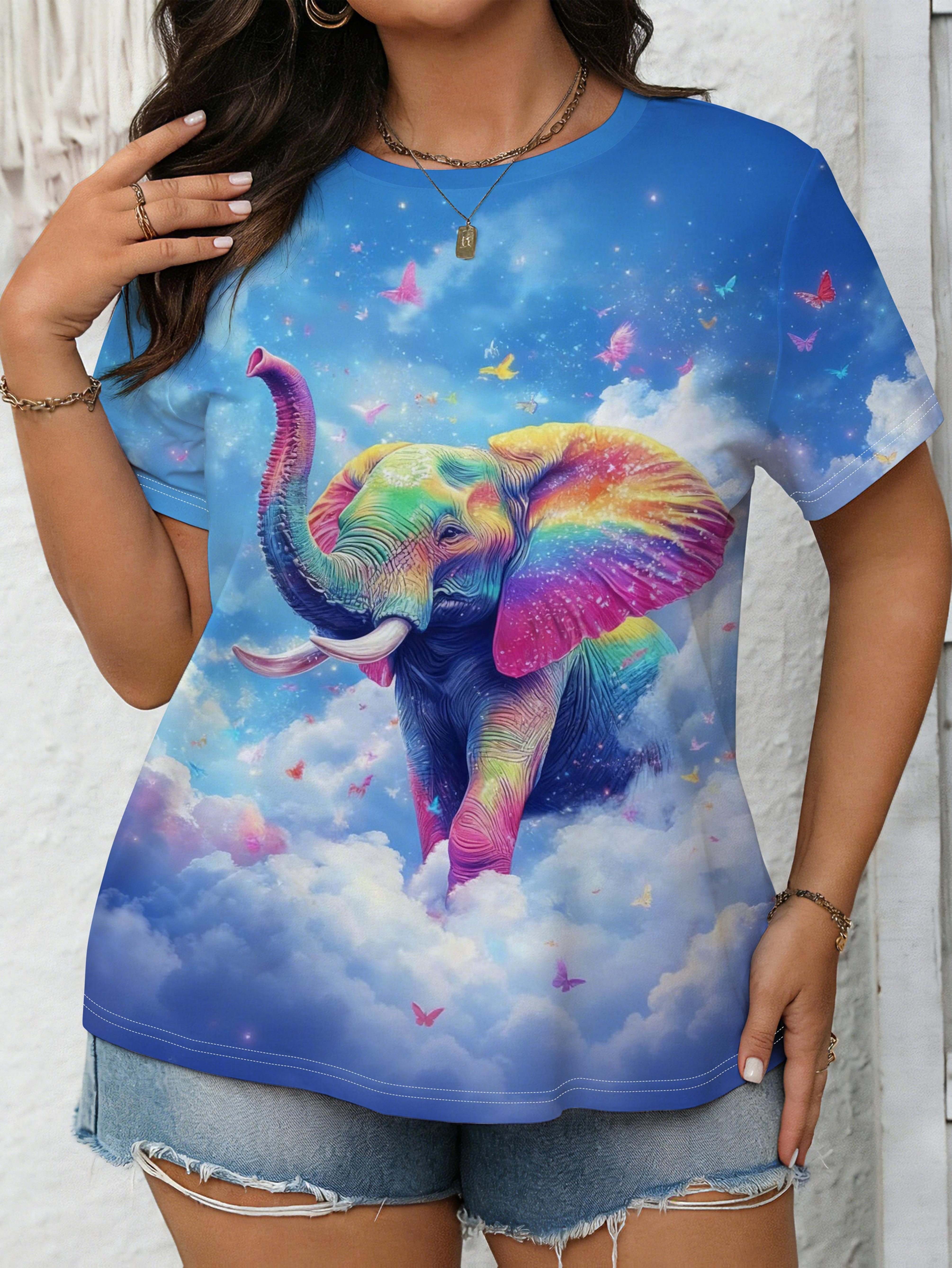 

Cloud Sea Rainbow Elephant Butterfly Print Short Sleeve T-Shirt. Dreamy and Playful Loose Round Neck Top. Women s Special Clothing. Women s Wear. Wome XL