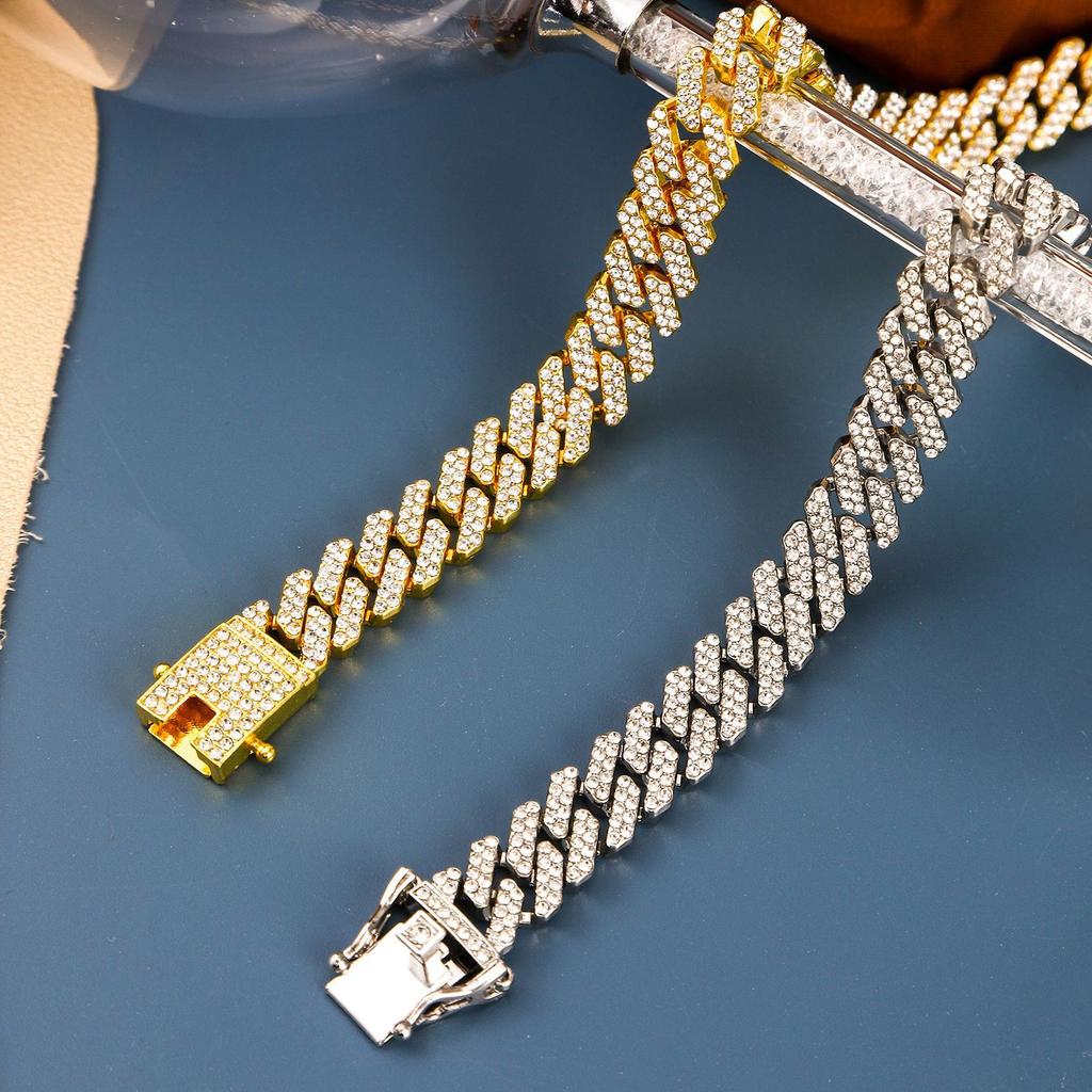 Cuban Chain, 12mm, Diamond Shaped, Men's and Women's Necklace, Rhinestone, Button, Sweater Chain, Light Luxury and High-end Feel, Hip-hop Style