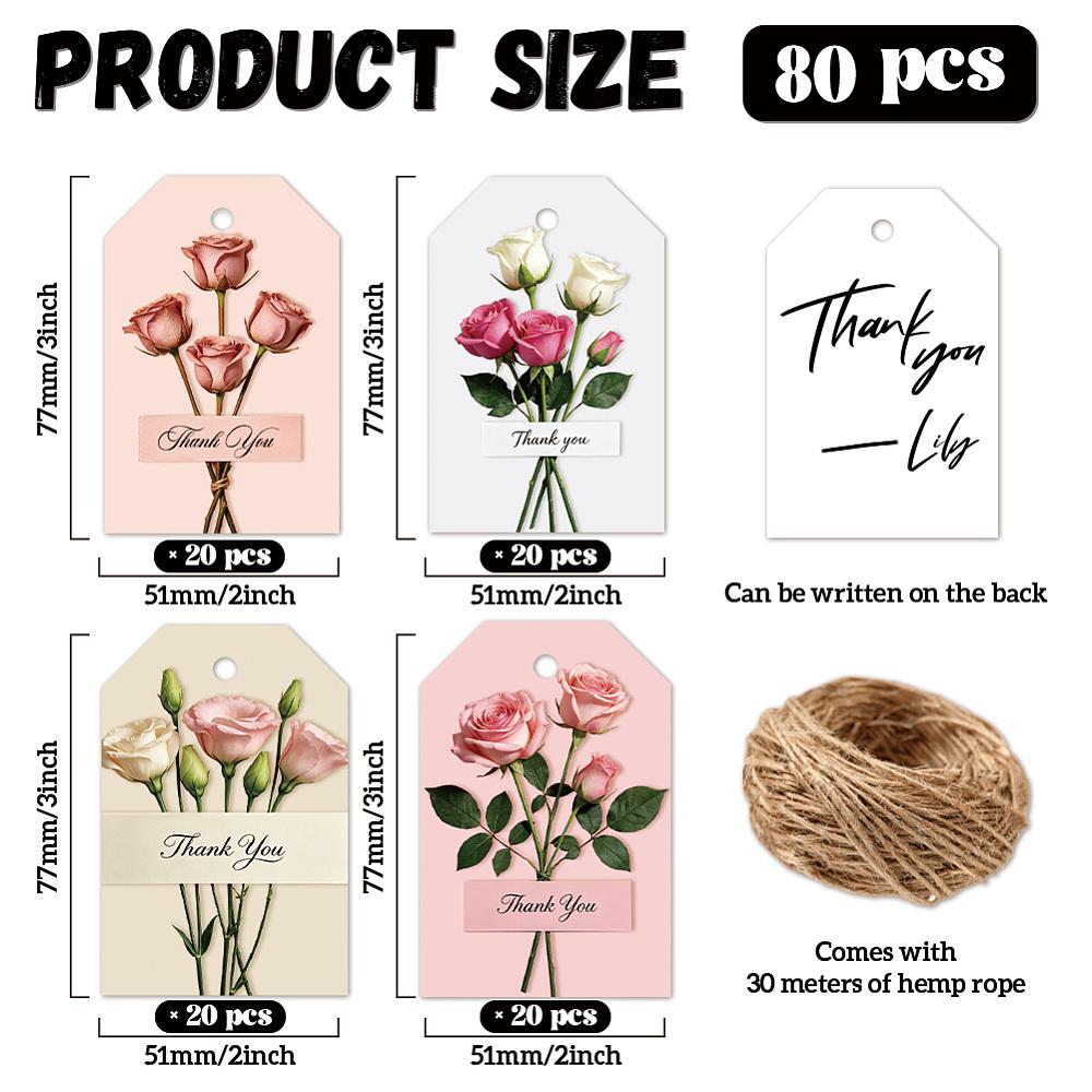 1set 80pcs 4 Styles Printed Paper Thank You Gift Tags Rectangle Flower 7.7x5.1cm Hole: 5mm 20pcs/style
