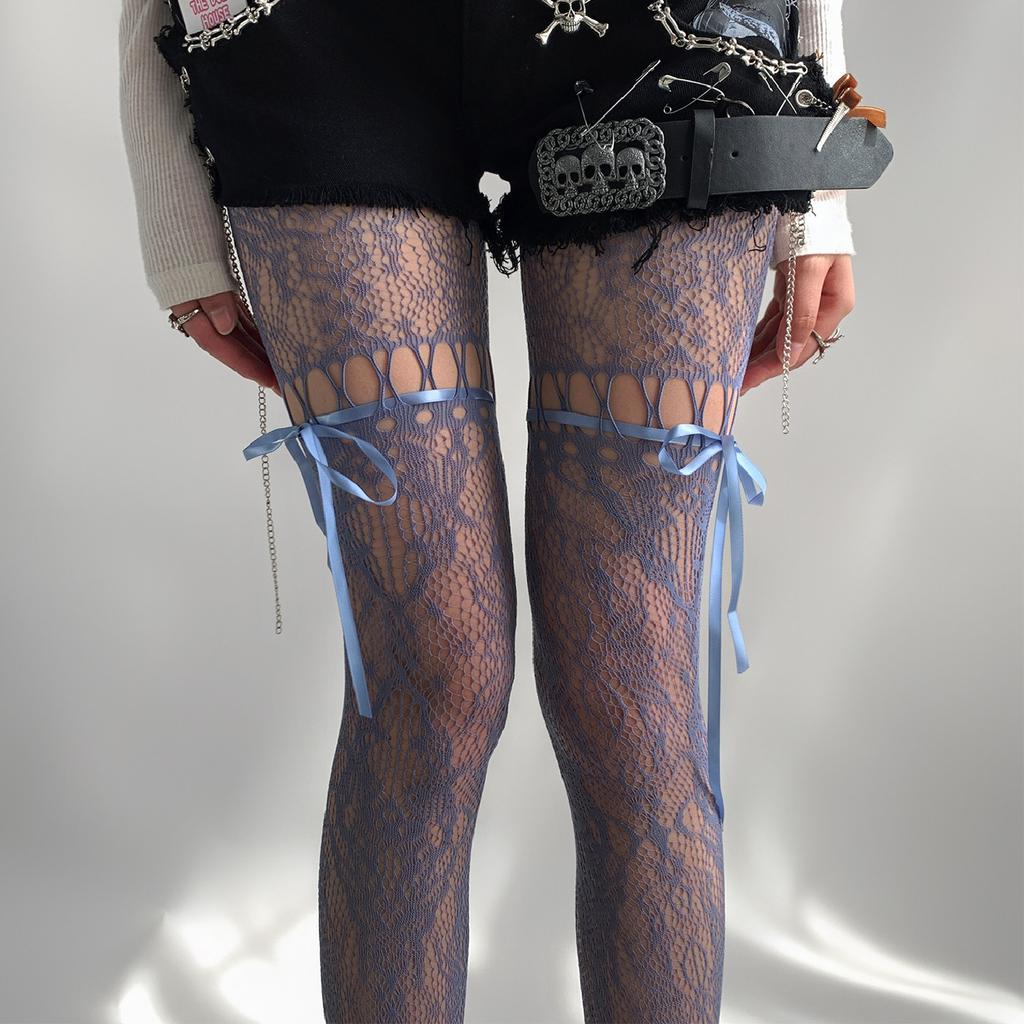 Pantyhose Women Hollow Lace Bow Strap Mesh Fishnet Stockings Women Tights Japanese Retro Y2K Thigh High Stocking Pantyhose Tight