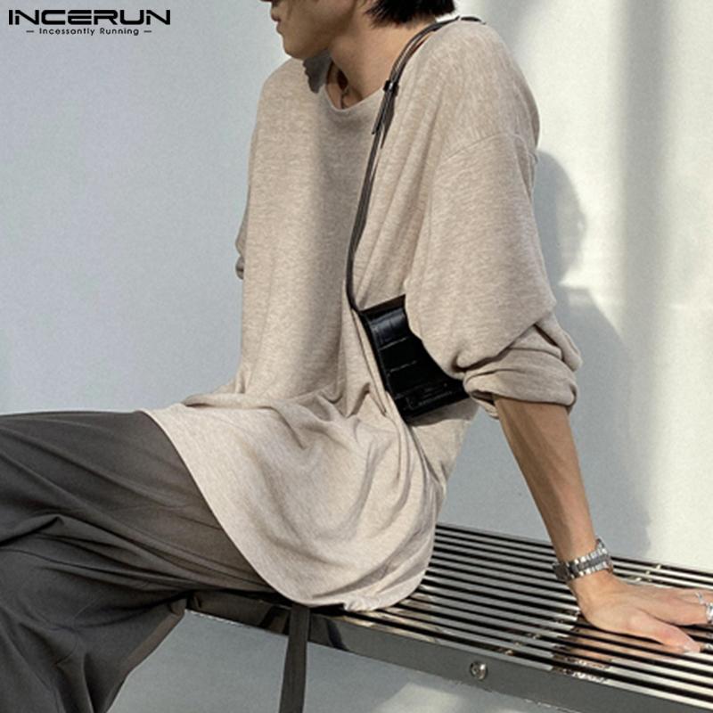 INCERUN Men Round Neck Long Sleeve Solid Color Comfy Thin Tops T-shirts
