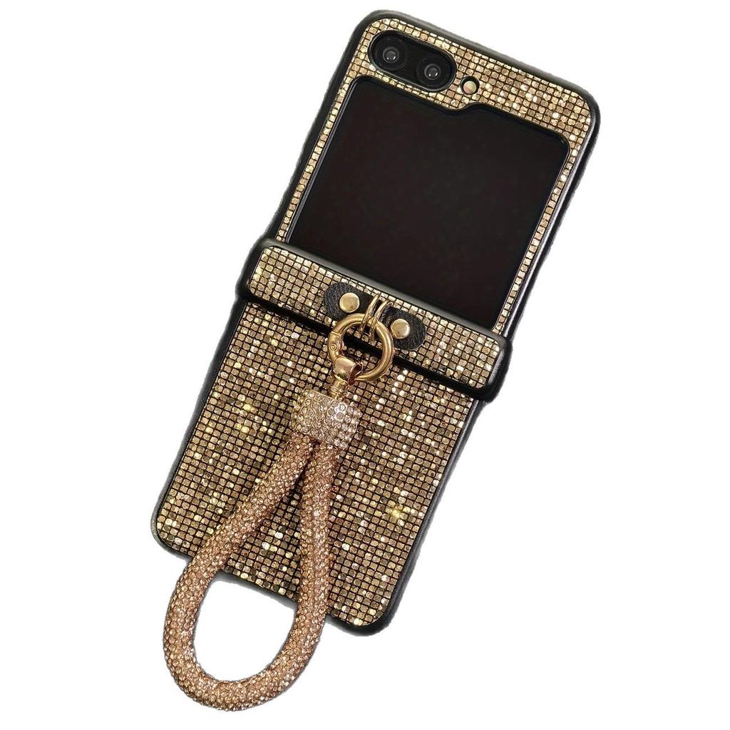 Etui ochronne na smycz z cyrkoniami do Samsung Z Flip7 z pełnym pokryciem i zintegrowanym zawiasem