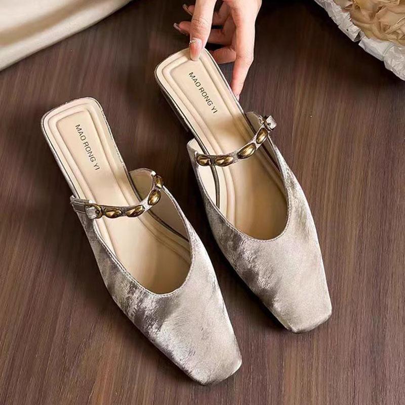 Comemore Square Head Slippers Satin Shallow Mouth Metal Buckle Slip On Women's Shoes Spring Summer Mules Baotou Half Slipper