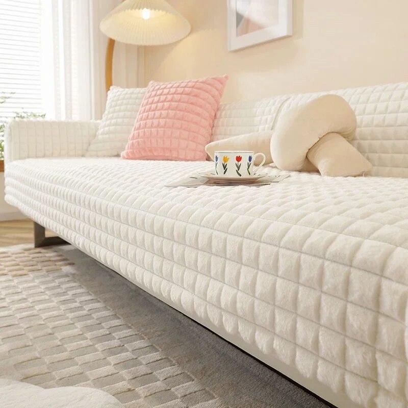 INS Ruit Dik Pluche Bankhoes Antislip Winter Warm Bankhanddoek Mat Wit Grijs Kleur L-vormige Bankhoes voor Woonkamer