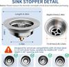 3 in 1 Kitchen Sink Drain Strainer Stainless Steel Pop Up Sink Stopper Kitchen Sink Stopper Drain Plug with Anti-Clogging Basket