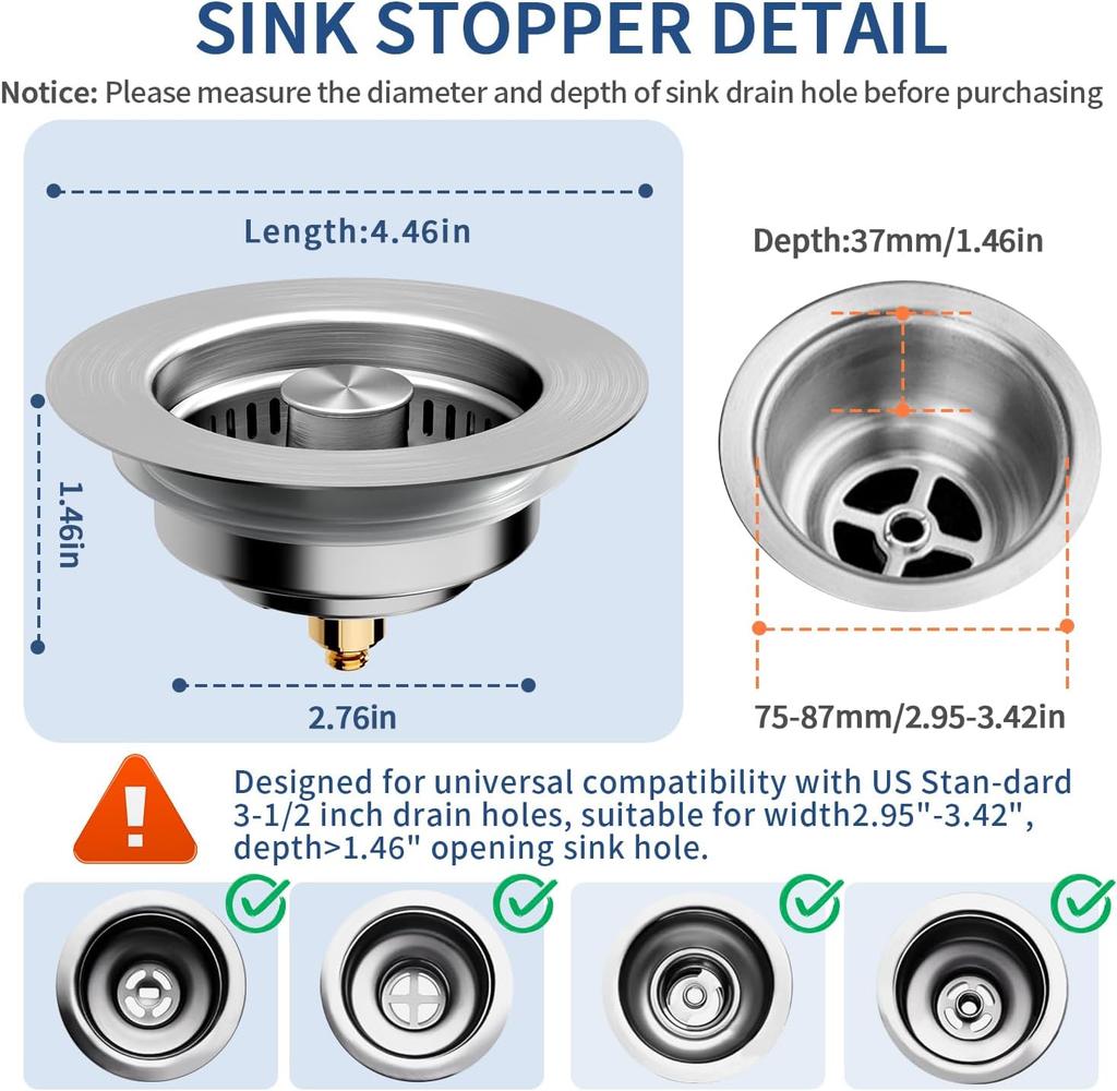 3 in 1 Kitchen Sink Drain Strainer Stainless Steel Pop Up Sink Stopper Kitchen Sink Stopper Drain Plug with Anti-Clogging Basket