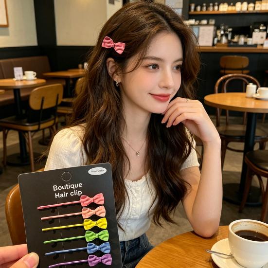 6Pcs Girl Hairpins Baking Paint Process No Peeling Stable Grip Metal Clip Base Hair Pins Star Heart Bowknot Decor Candy Color Hair Clips