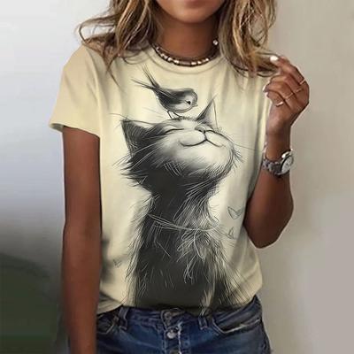 New Kawaii Cat Print T-shirt For Women Plus Size Top 2024 Summer Women's Trend Clothing Crew Tee Female Short Sleeve Shirt