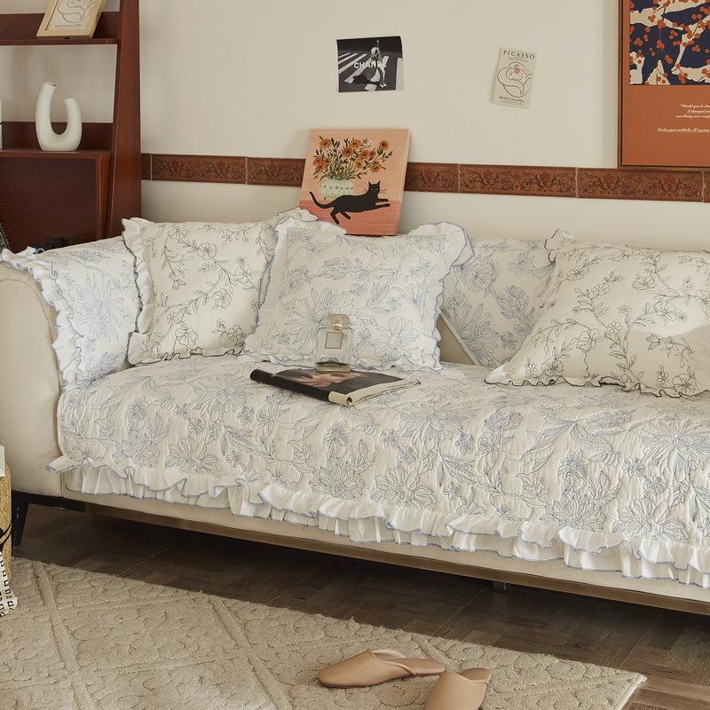French Retro Cotton Sofa Cushion, Advanced Embroidery, All-Season Non-Slip Seat Cushion Cover, All-Inclusive Universal Cover Cloth Towel Cover