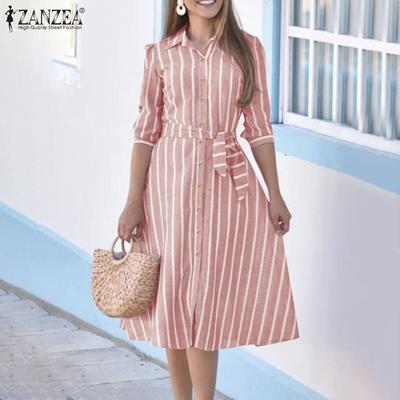 Women Casual Turn Down Collar 3/4 Sleeve Loose Stripe Dress