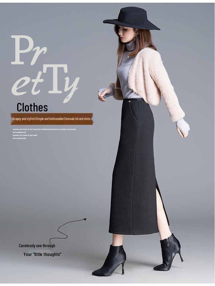 Women's High-Waisted Tweed Midi Skirt - Winter 2025 Slim Fit with Back Slit