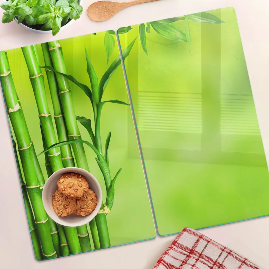 Set of Toughened Glass Kitchen Cutting Boards with Bamboo Pattern 2X30X52 Cm