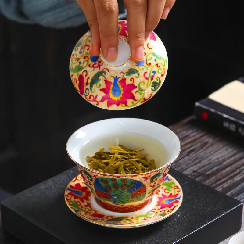 Color Enamel Gaiwan White Porcelain Cover Bowl Golden Kung Fu Tea Set Handpainted Peony Flower Tureen Travel Teaware