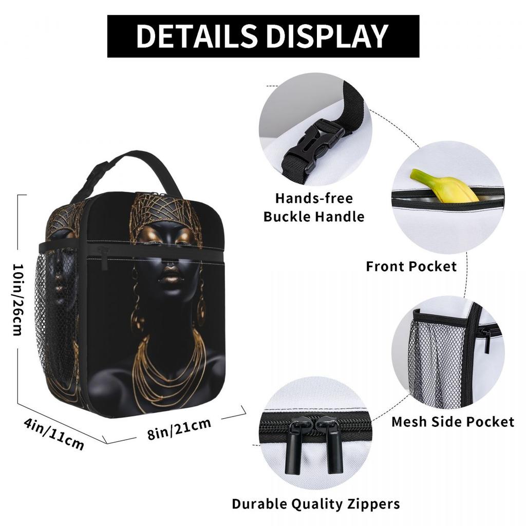 Golden Serenity African Woman Art Insulated Lunch Bag for Women Children Portable Food Boxes Thermal Lunch Box Tote