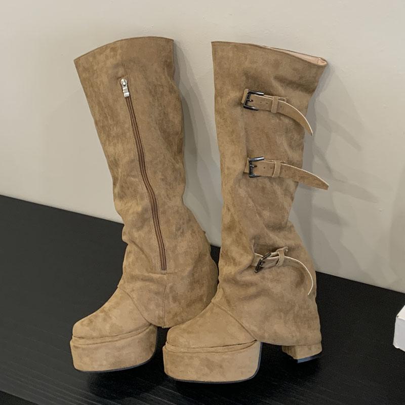 Fashion Eilyken Vintage Platform Buckle Strap Women Knee High Boots Fashion Chunky Square Heels Zipper Ladies Shoes Zapatos De Mujer