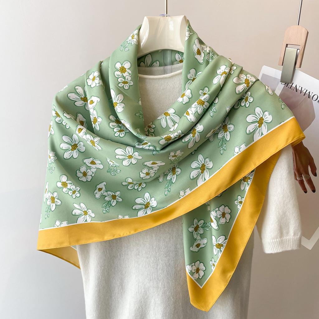 Headscarf Printed Twill Silk Large Square Scarf Small Fragrant Silk Scarf Women'S Anti-Sun Scarf Decorative Scarf Shawl 90Cm