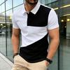 Men's Curved Diagonal Color Block Polo Shirt - Black & White Contrast Patchwork Button Down Collar Casual Streetwear & Daily Tops