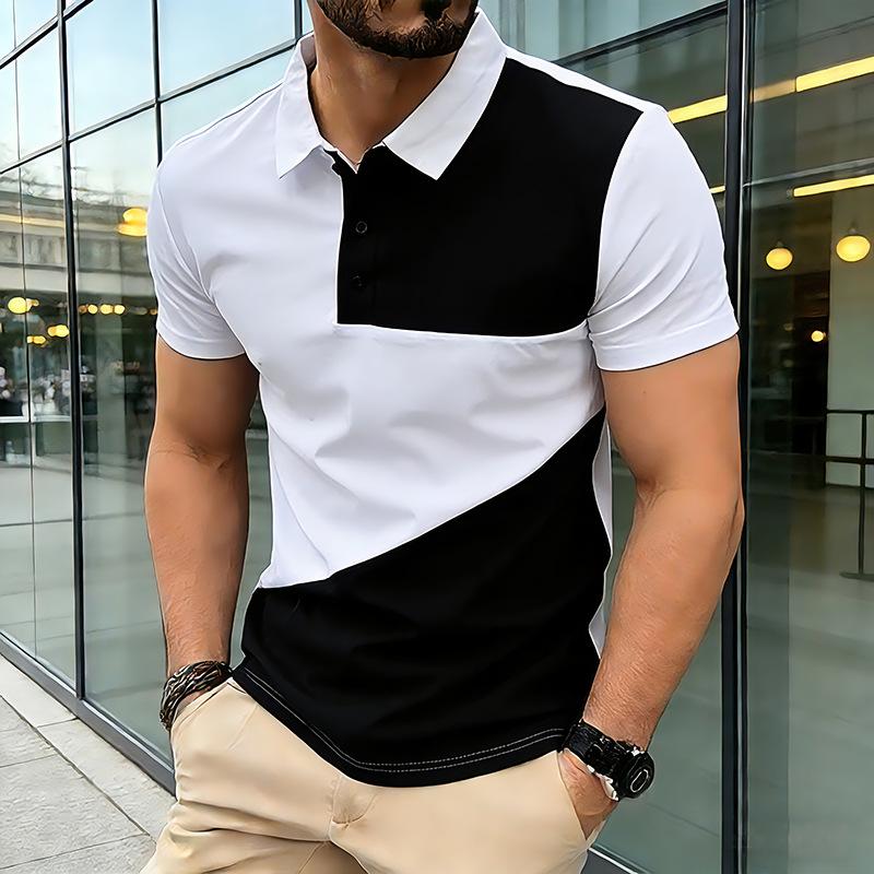 Men's Curved Diagonal Color Block Polo Shirt - Black & White Contrast Patchwork Button Down Collar Casual Streetwear & Daily Tops